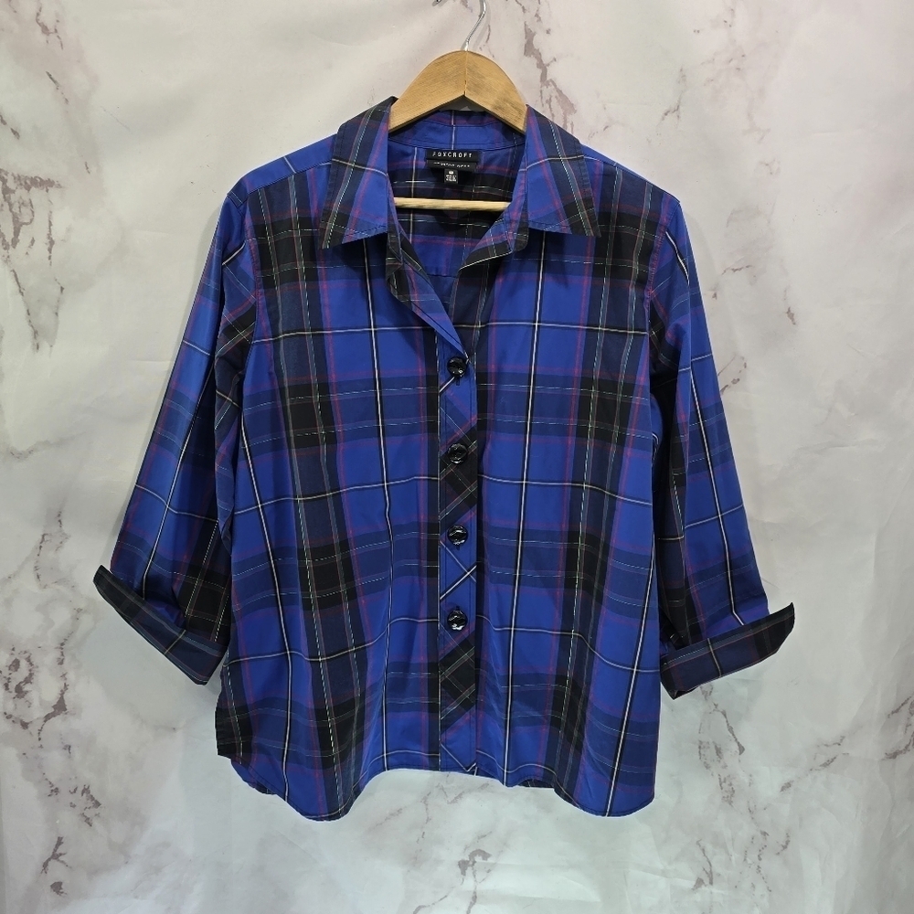 Foxcroft Shirt Women 18W Blue Black Gold Scotch Button Wrinkle Free Shaped Cuff - Picture 1 of 13